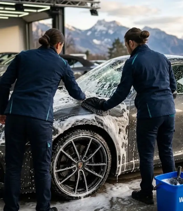 Lavage manuel de carrosserie au gant en microfibre près du lac d’Annecy