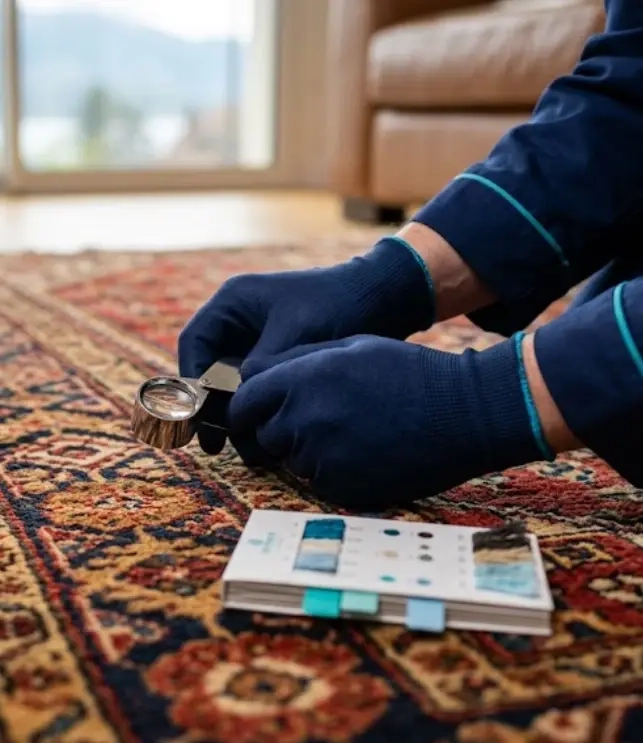 Diagnostic des fibres d’un tapis en laine avant nettoyage textile professionnel