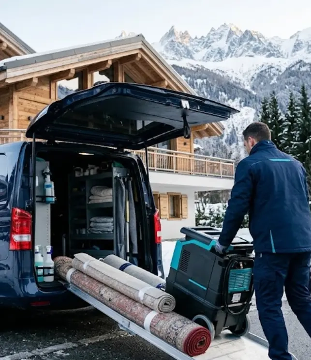 Intervention de nettoyage de tapis à domicile devant un chalet de Chamonix