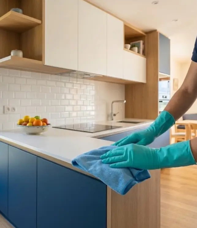Nettoyage régulier d’une cuisine de maison en Haute-Savoie, mains gantées sur la crédence