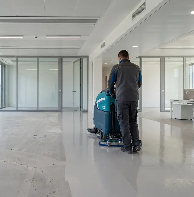 Nettoyage après travaux d’un plateau de bureaux neuf avec autolaveuse près d’Annecy